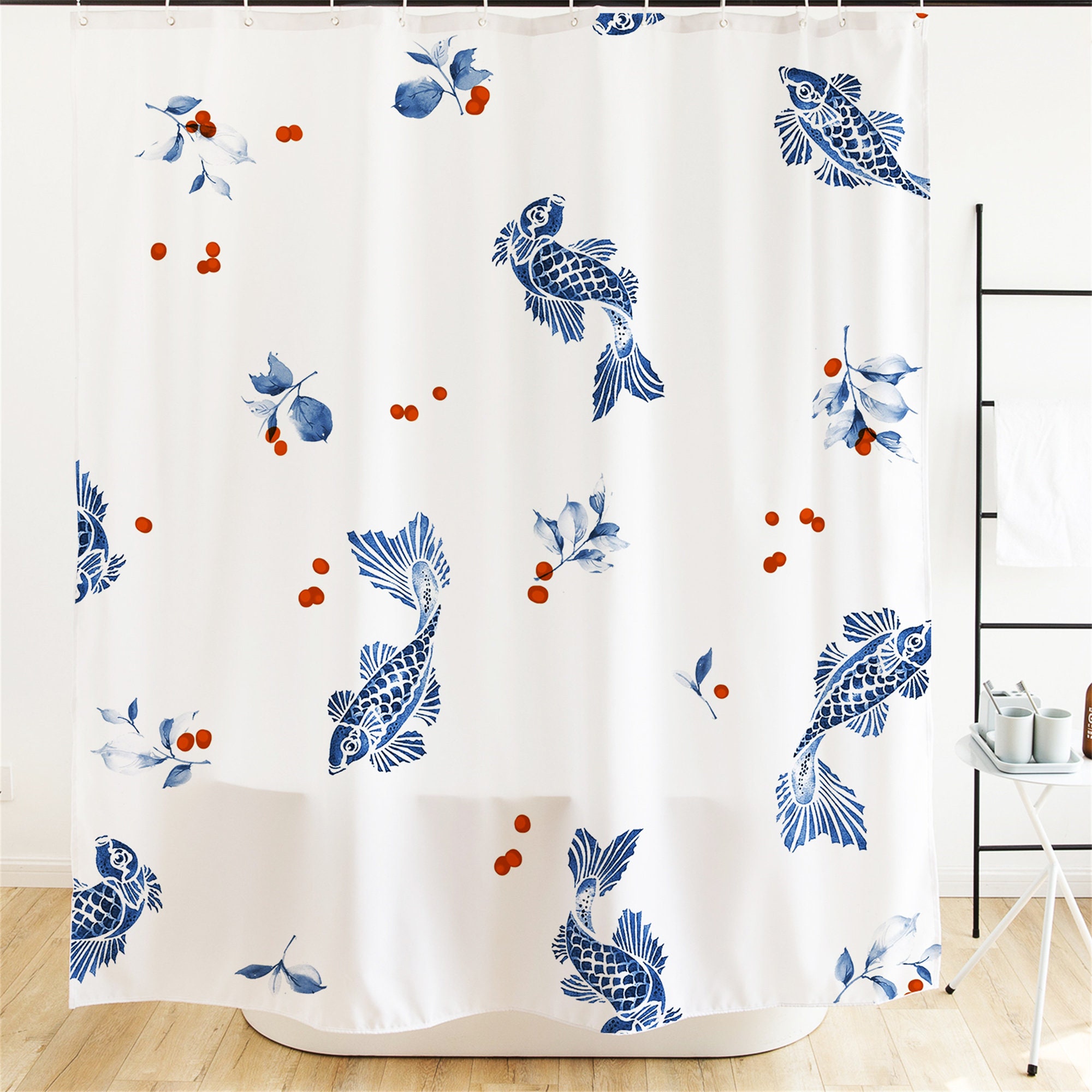 Blue Nautical Fish Shower Curtain for Bathroom Decor Waterproof White and Blue Fabric Machine Washable