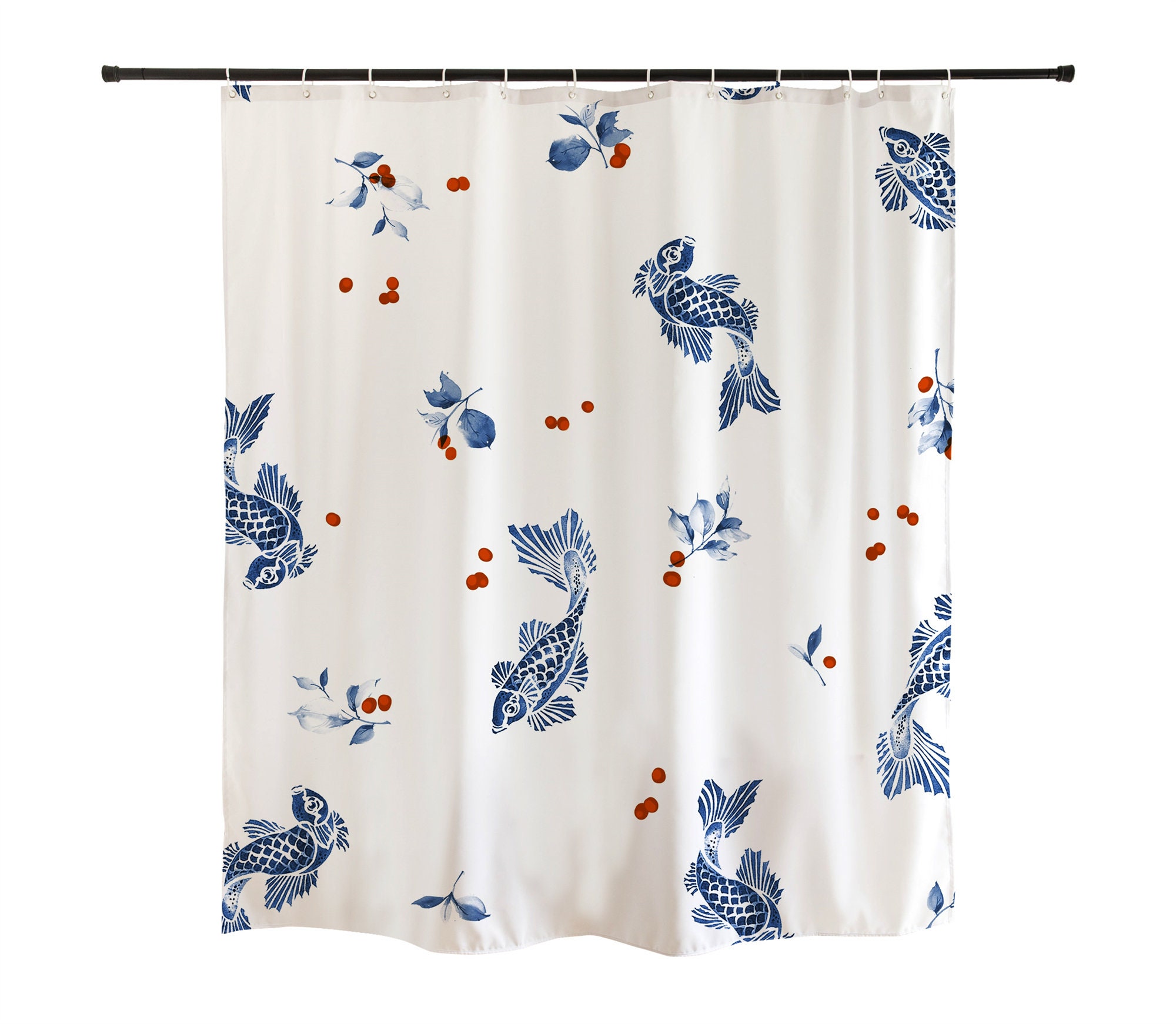 Blue Nautical Fish Shower Curtain for Bathroom Decor Waterproof White and Blue Fabric Machine Washable