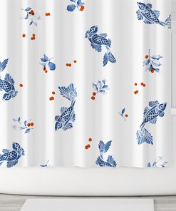 Blue Nautical Fish Shower Curtain for Bathroom Decor Waterproof White and Blue Fabric Machine Washable