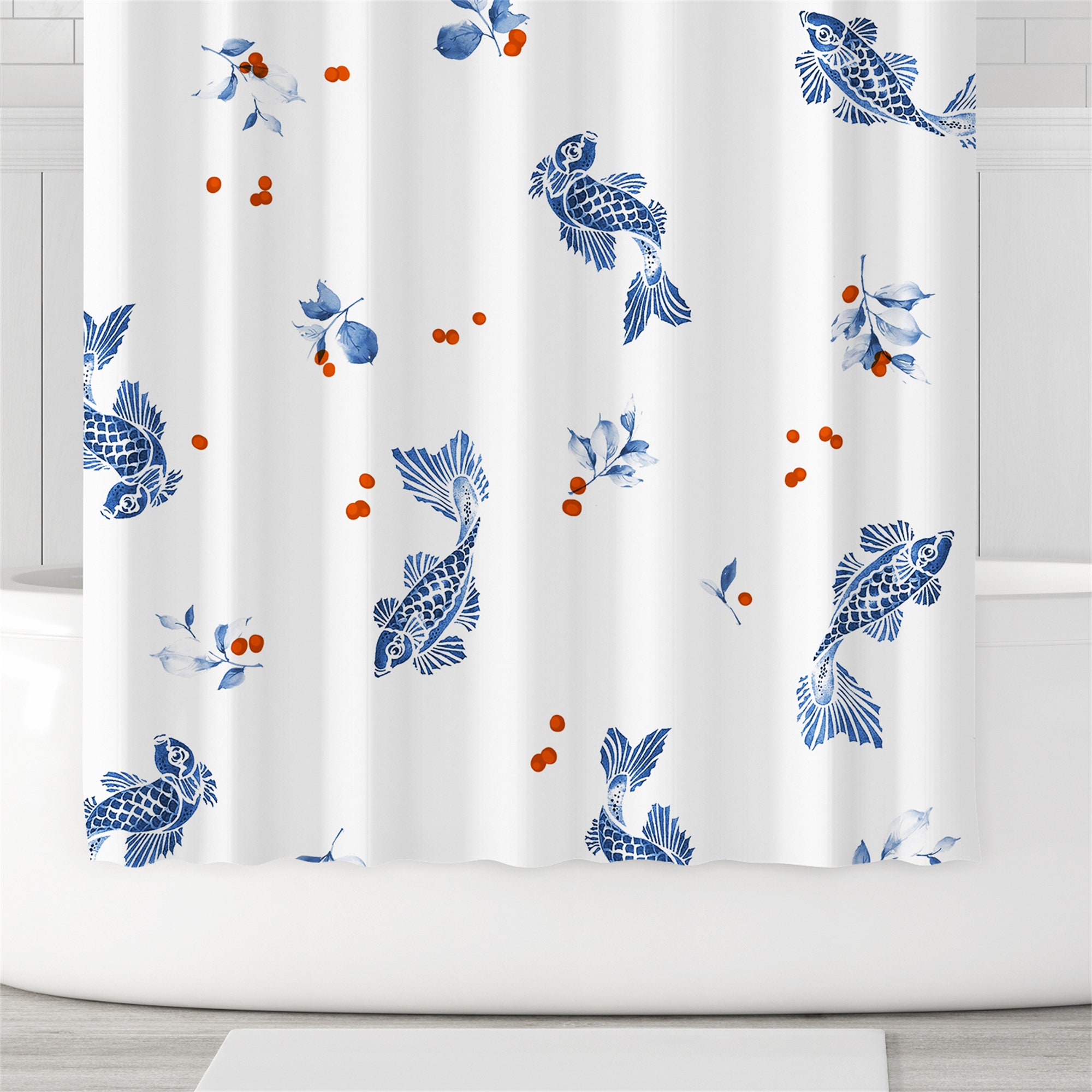 Blue Nautical Fish Shower Curtain for Bathroom Decor Waterproof White and Blue Fabric Machine Washable