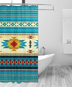 Blue Navajo Native American Indian Pattern Shower Curtain For Ethnic Bathroom Decor.