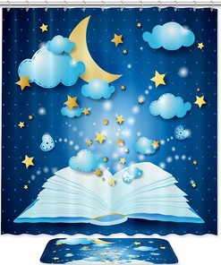 Blue Night Sky Moon And Stars Boho Shower Curtain, Waterproof For The Bathroom