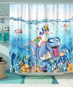 Blue Ocean Cute Animals Shower Curtain - Funny Dinosaur Love Unicorn For Bathroom Decor