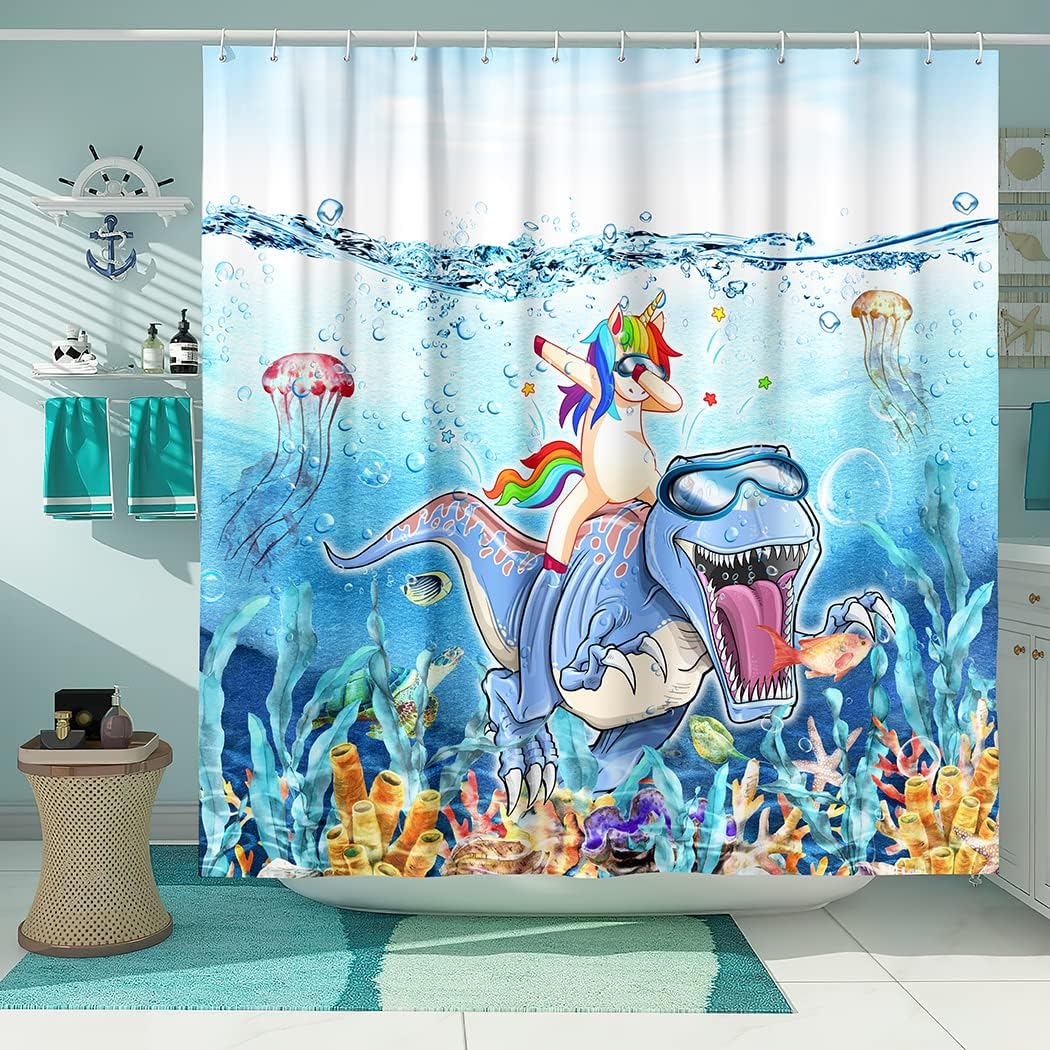Blue Ocean Cute Animals Shower Curtain - Funny Dinosaur Love Unicorn For Bathroom Decor