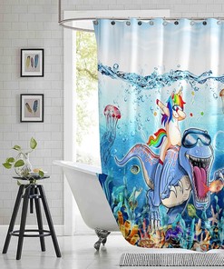 Blue Ocean Cute Animals Shower Curtain - Funny Dinosaur Love Unicorn For Bathroom Decor