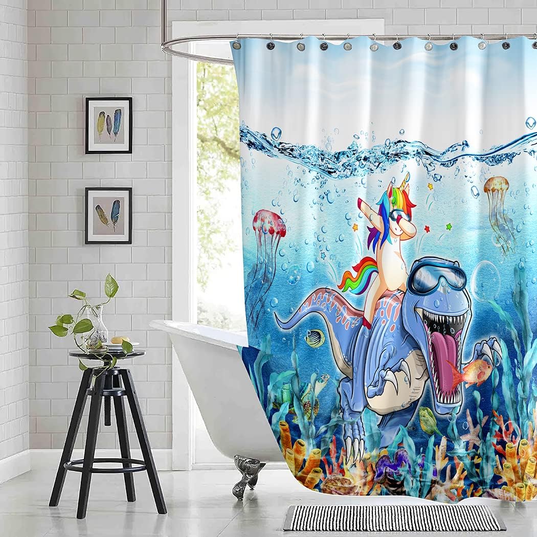 Blue Ocean Cute Animals Shower Curtain - Funny Dinosaur Love Unicorn For Bathroom Decor