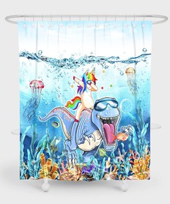 Blue Ocean Cute Animals Shower Curtain - Funny Dinosaur Love Unicorn For Bathroom Decor