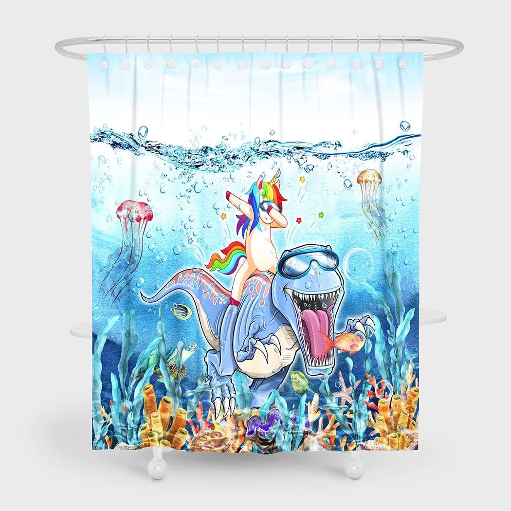Blue Ocean Cute Animals Shower Curtain - Funny Dinosaur Love Unicorn For Bathroom Decor