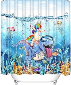 Blue Ocean Cute Animals Shower Curtain - Funny Dinosaur Love Unicorn For Bathroom Decor