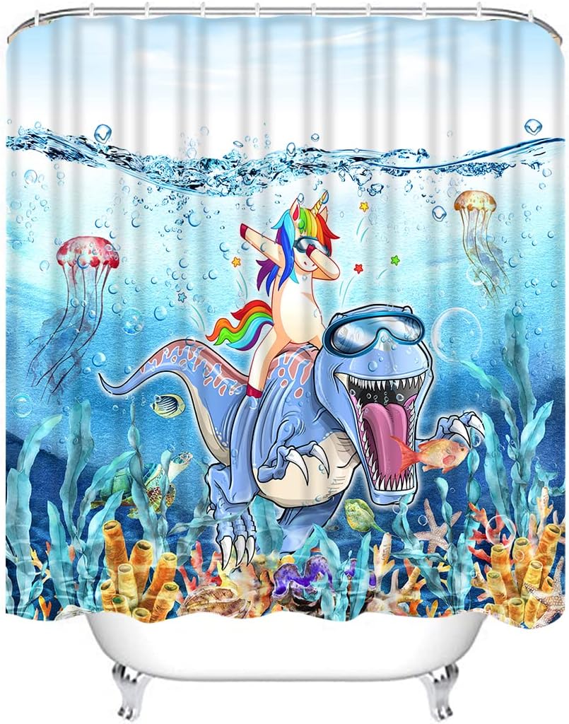 Blue Ocean Cute Animals Shower Curtain - Funny Dinosaur Love Unicorn For Bathroom Decor
