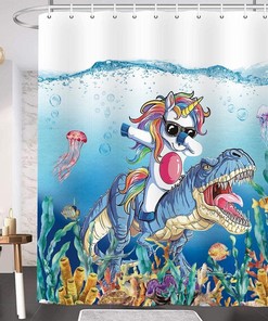 Blue Ocean Cute Animals Shower Curtain - Funny Dinosaur Unicorn For Kids Bathroom Decor