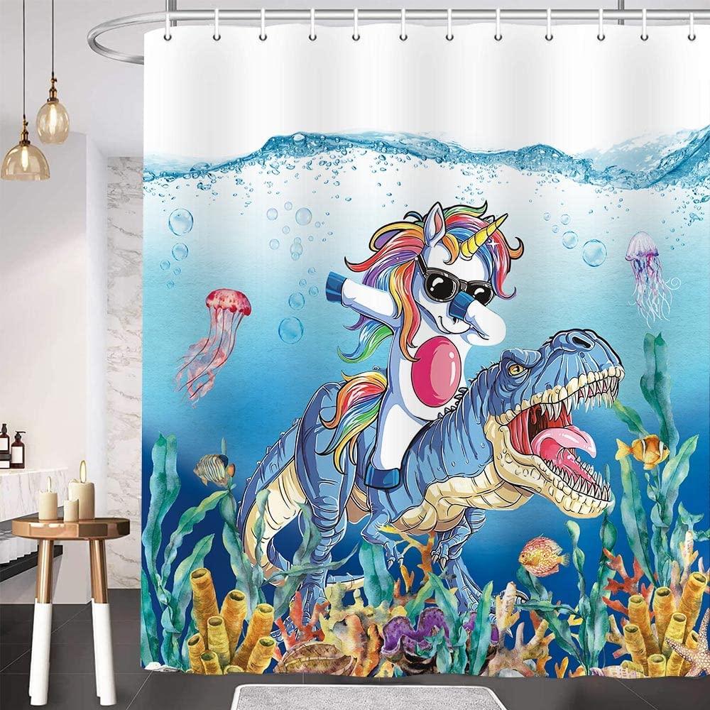 Blue Ocean Cute Animals Shower Curtain - Funny Dinosaur Unicorn For Kids Bathroom Decor