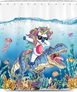 Blue Ocean Cute Animals Shower Curtain - Funny Dinosaur Unicorn For Kids Bathroom Decor