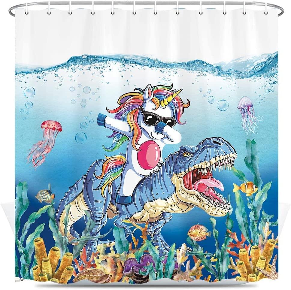 Blue Ocean Cute Animals Shower Curtain - Funny Dinosaur Unicorn For Kids Bathroom Decor