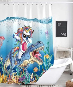 Blue Ocean Cute Animals Shower Curtain - Funny Dinosaur Unicorn For Kids Bathroom Decor