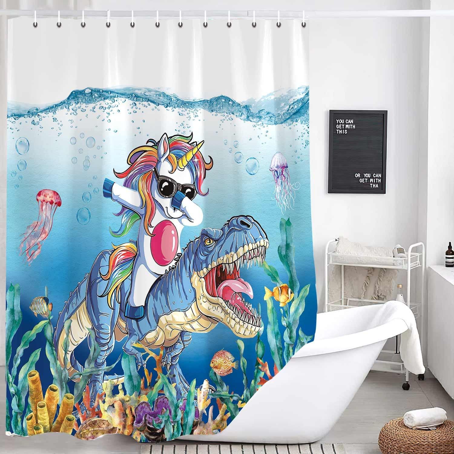 Blue Ocean Cute Animals Shower Curtain - Funny Dinosaur Unicorn For Kids Bathroom Decor