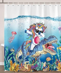 Blue Ocean Cute Animals Shower Curtain - Funny Dinosaur Unicorn For Kids Bathroom Decor