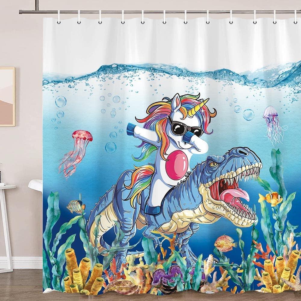 Blue Ocean Cute Animals Shower Curtain - Funny Dinosaur Unicorn For Kids Bathroom Decor