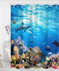 Blue Ocean Fish Shower Curtain, Modern Waterproof Fabric Bathroom Curtain With Hooks
