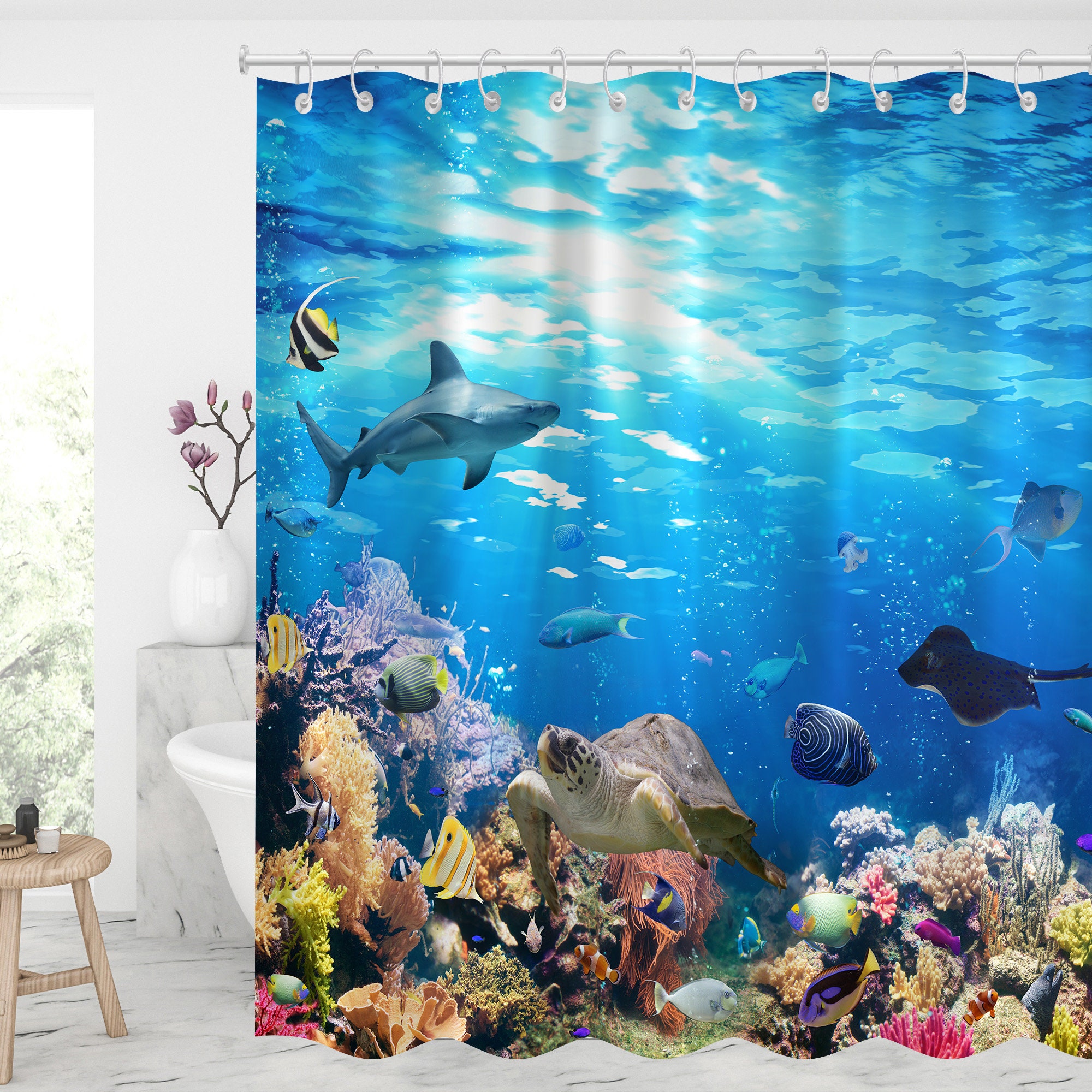 Blue Ocean Fish Shower Curtain, Modern Waterproof Fabric Bathroom Curtain With Hooks
