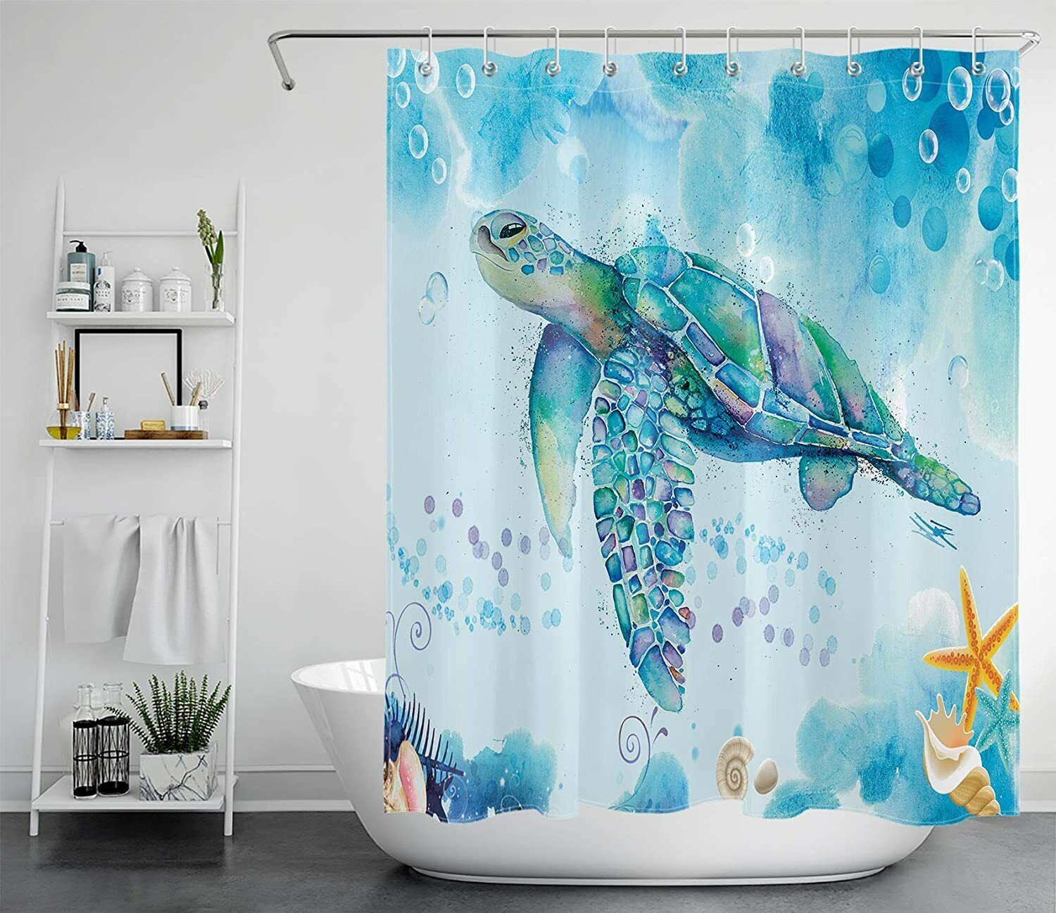 Blue Ocean Marine Animals Shower Curtain, Featuring Sea Turtles