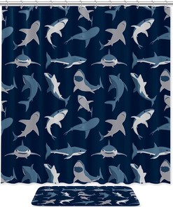 Blue Ocean Shark Pattern Modern Shower Curtain, Water-Resistant Fabric, Bathroom Curtain