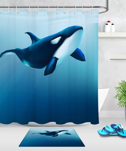 Blue Ocean Swimming Orca Killer Whale Shower Curtain, Water-Resistant Fabric, Bathroom Curtain