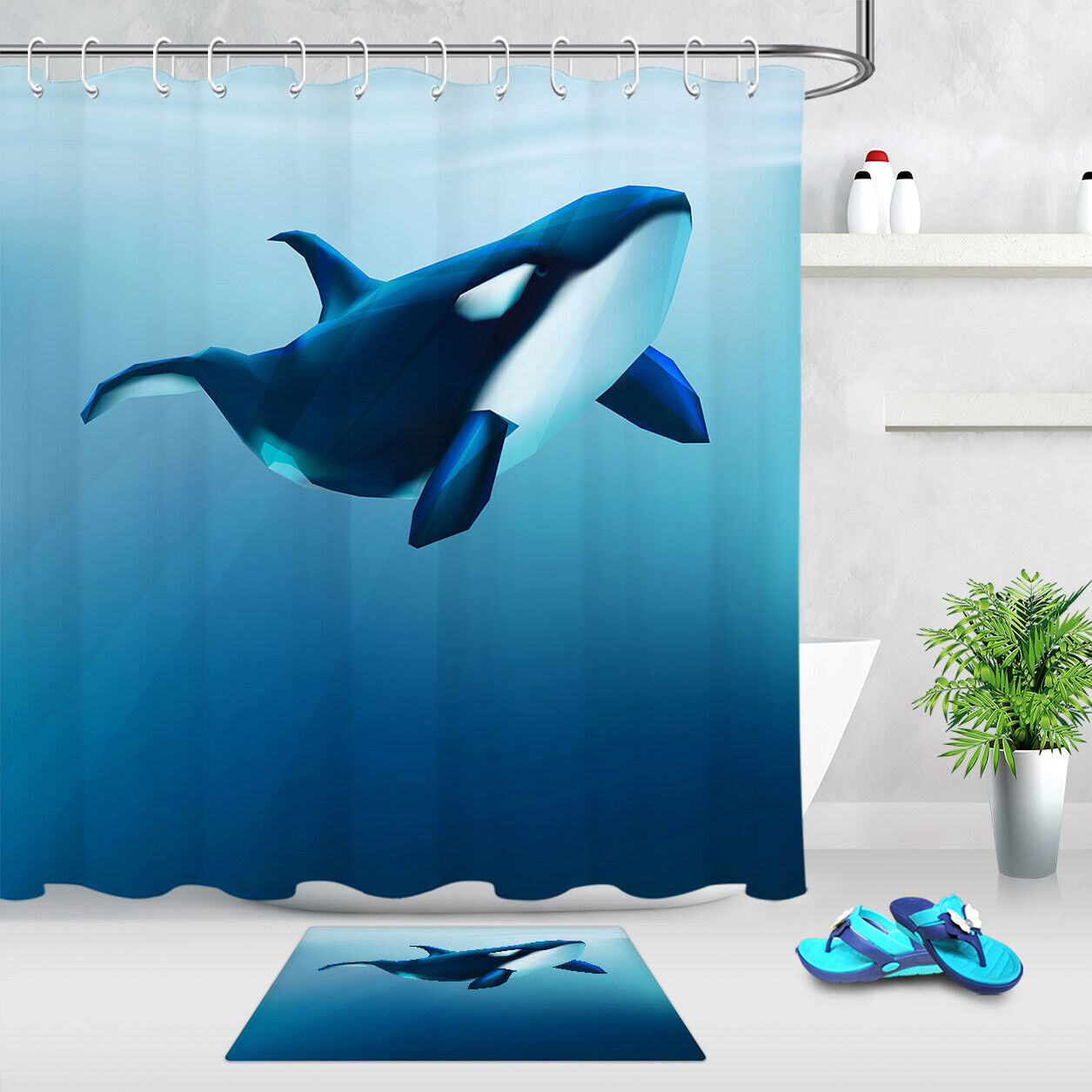 Blue Ocean Swimming Orca Killer Whale Shower Curtain, Water-Resistant Fabric, Bathroom Curtain