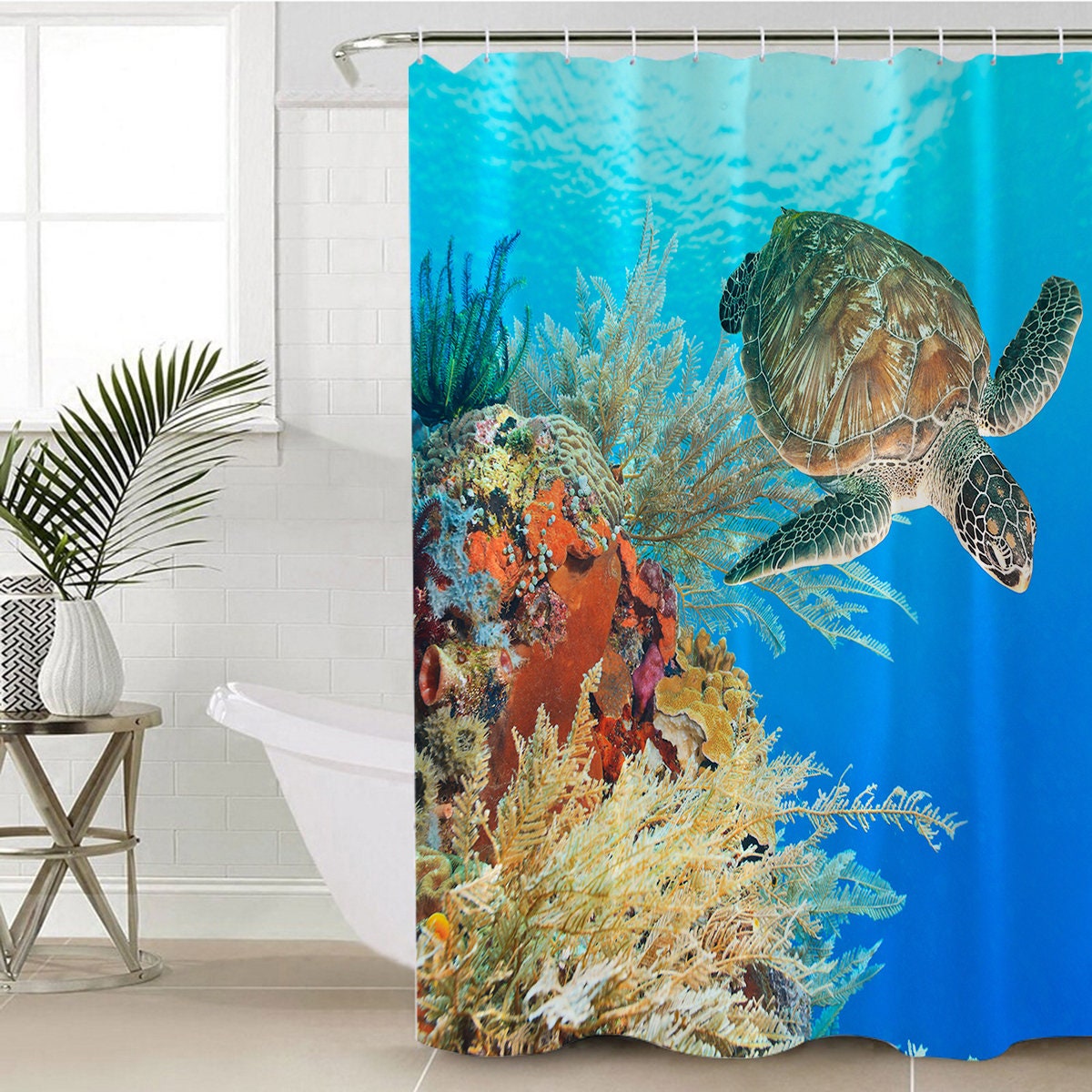 Blue Ocean Turtle Shower Curtain for a Marine Life Bathroom Theme