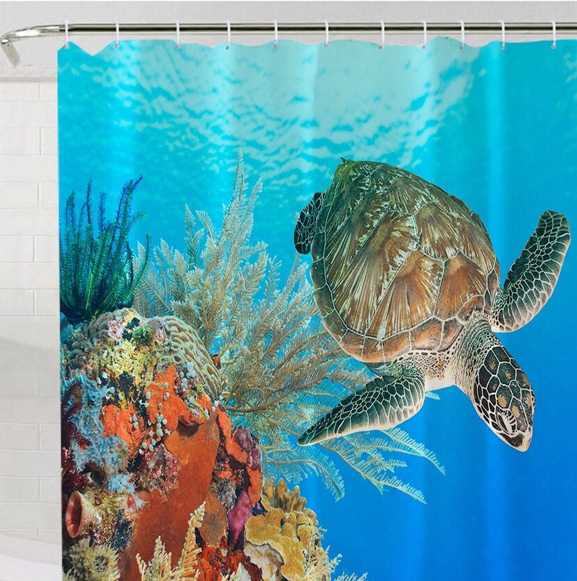 Blue Ocean Turtle Shower Curtain for a Marine Life Bathroom Theme
