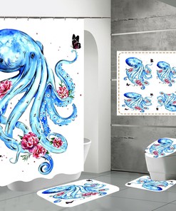 Blue Octopus Butterfly Shower Curtain, Water-Resistant Fabric, Bathroom Curtain