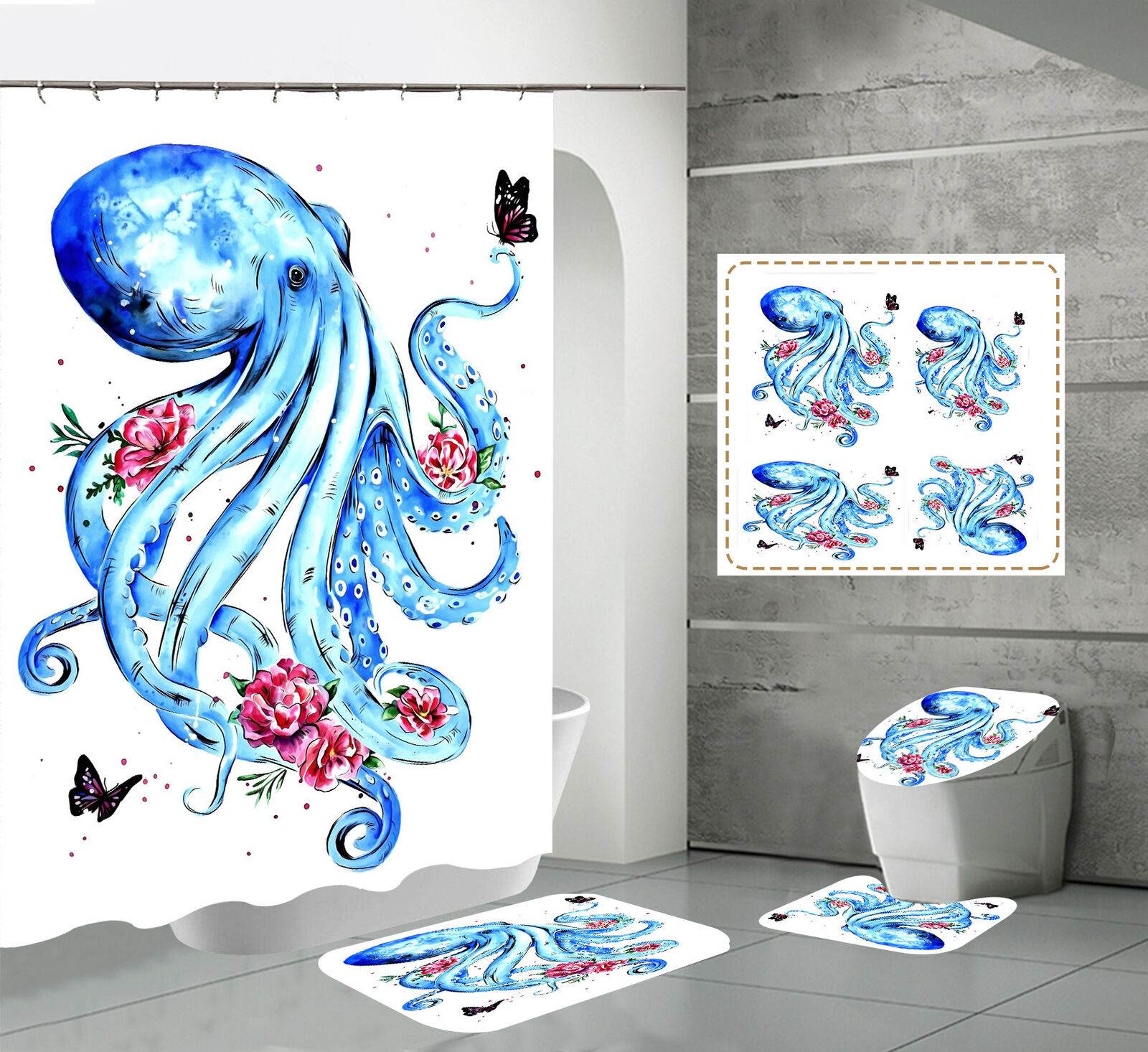 Blue Octopus Butterfly Shower Curtain, Water-Resistant Fabric, Bathroom Curtain
