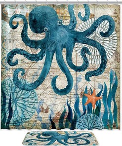 Blue Octopus Map Print Shower Curtain For Vintage Bathroom Tub Set