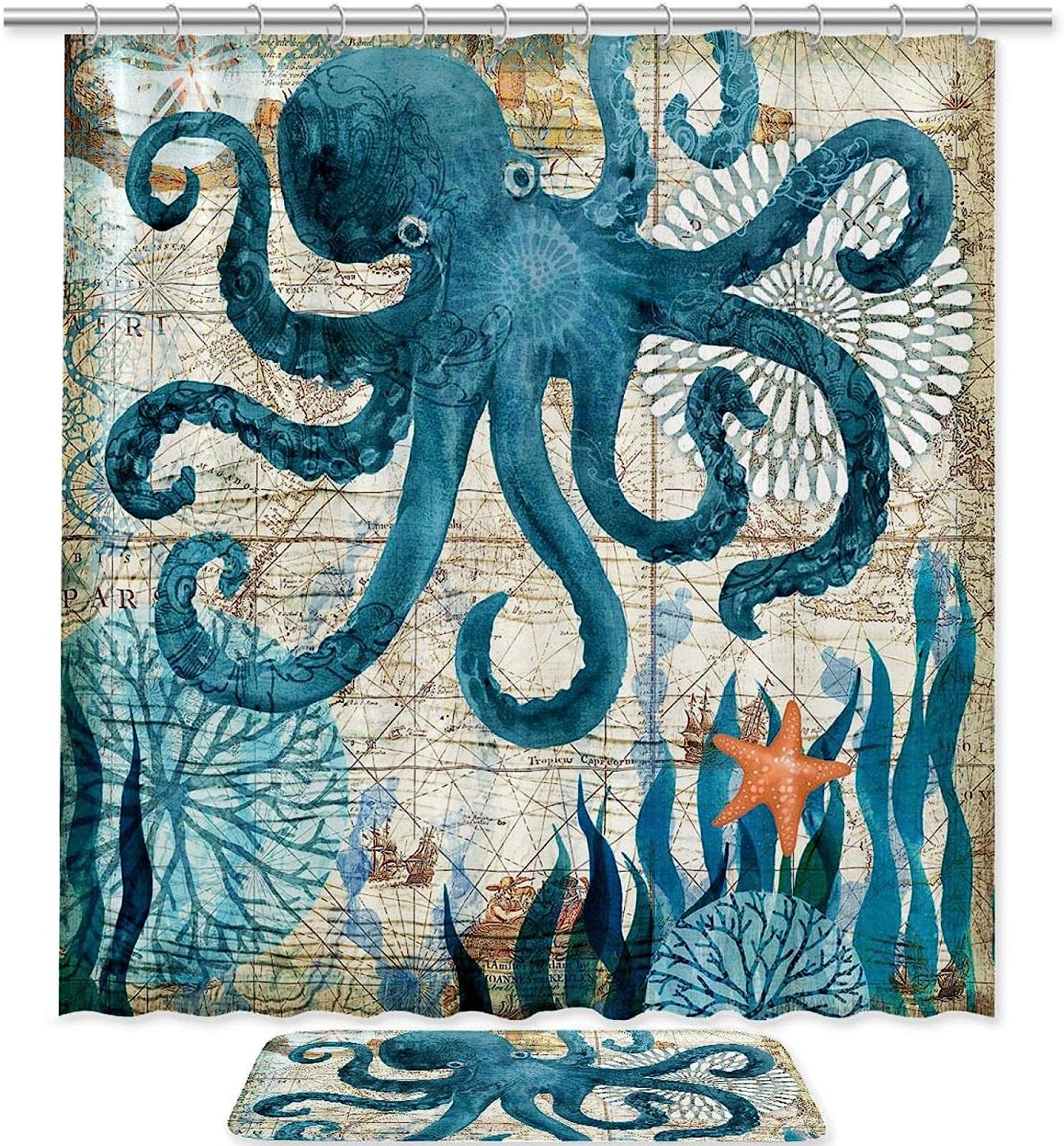 Blue Octopus Map Print Shower Curtain For Vintage Bathroom Tub Set