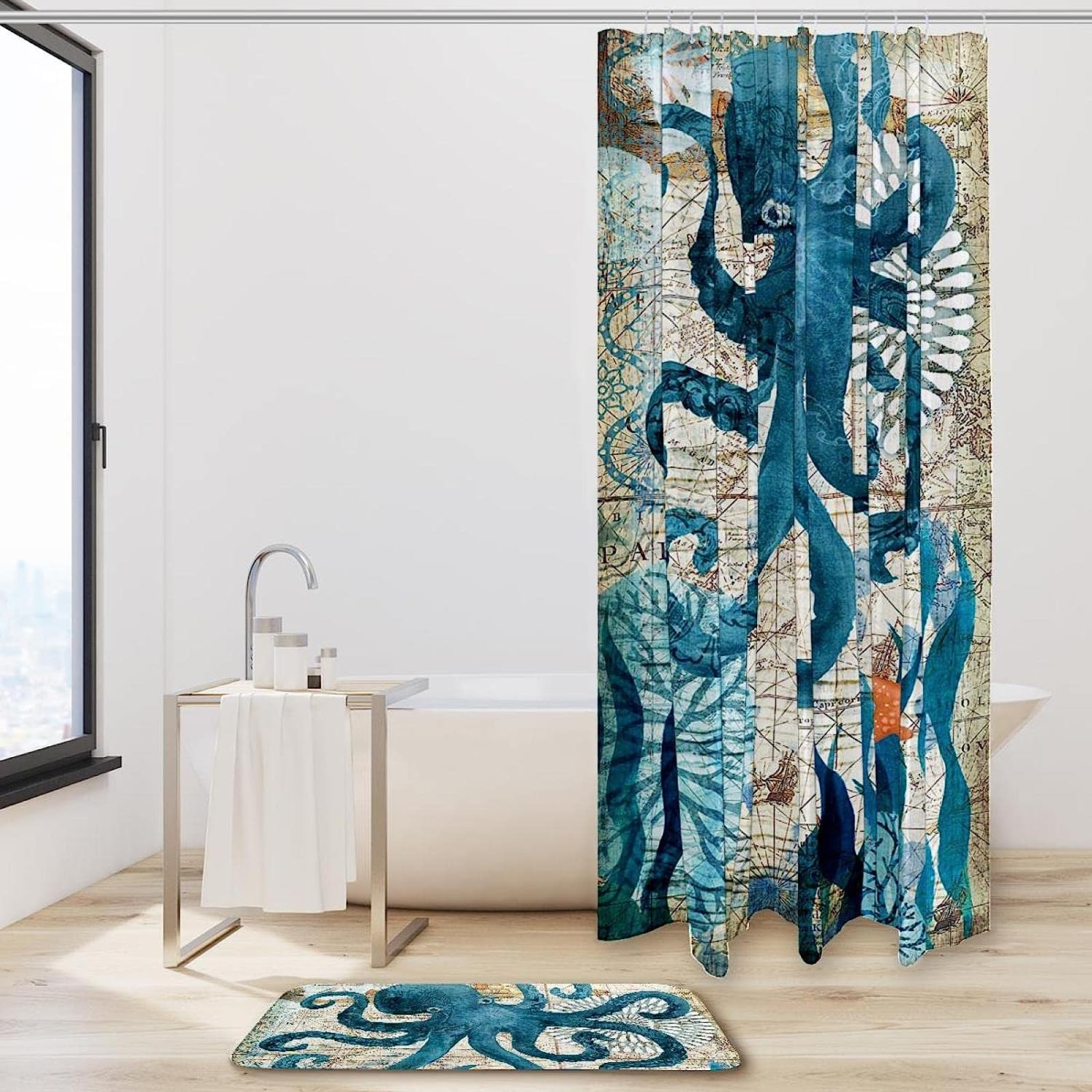 Blue Octopus Map Print Shower Curtain For Vintage Bathroom Tub Set - Image 2