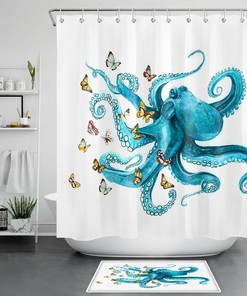 Blue Octopus Marine Animals Butterfly Shower Curtain, Fabric Bath Curtain, Bathroom Accessories
