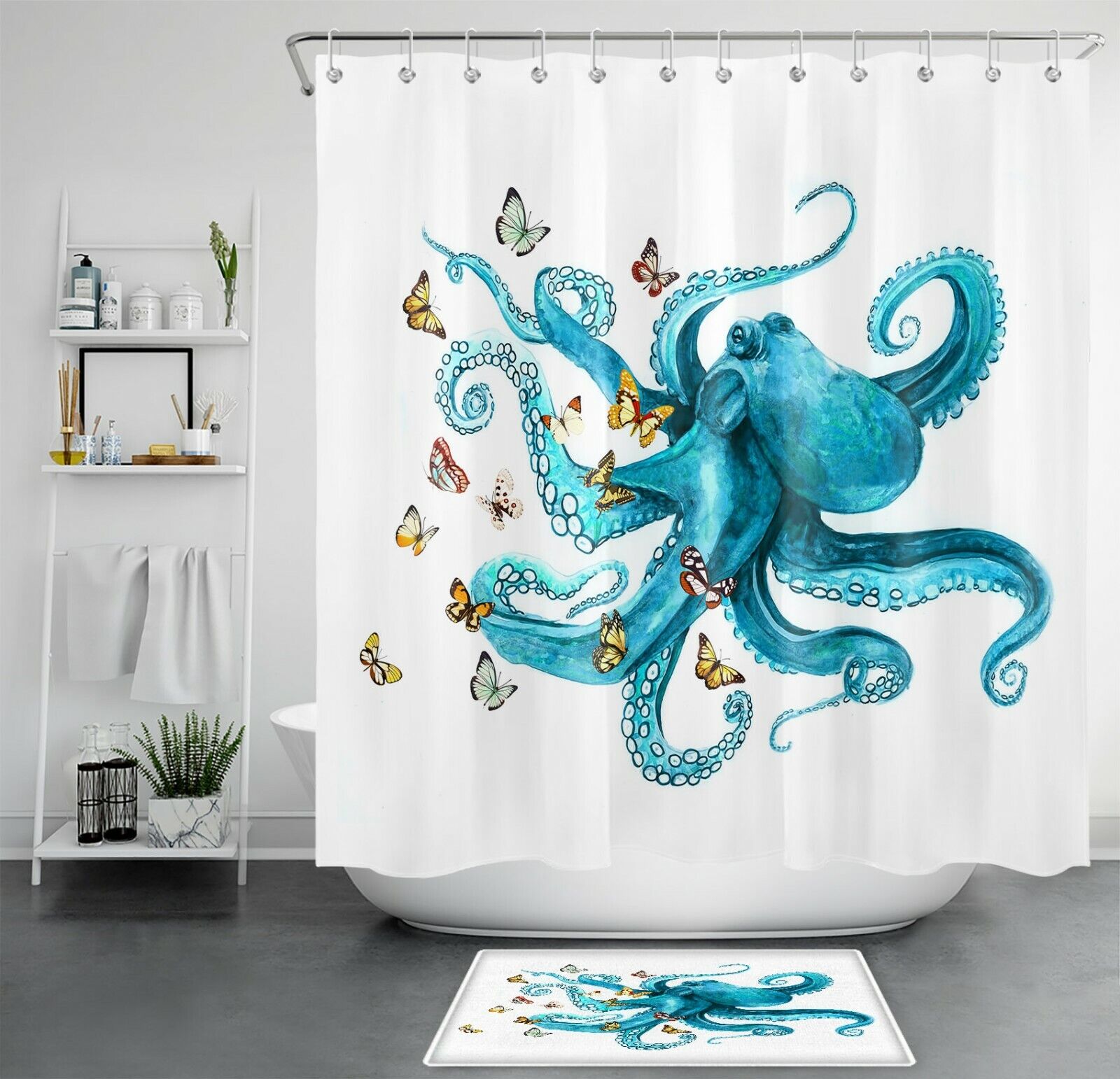 Blue Octopus Marine Animals Butterfly Shower Curtain, Fabric Bath Curtain, Bathroom Accessories