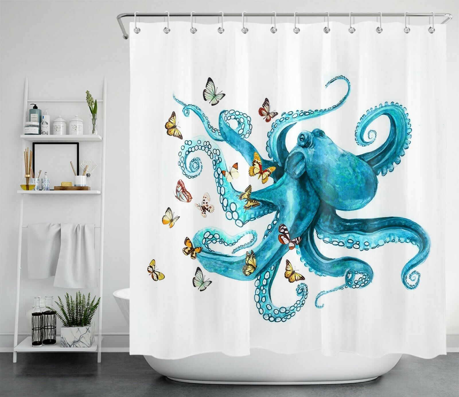 Blue Octopus Marine Animals Butterfly Shower Curtain, Fabric Bath Curtain, Bathroom Accessories - Image 2