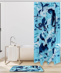 Blue Octopus Shark Ocean Print Waterproof Fabric Shower Curtain