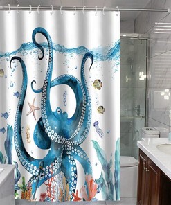Blue Octopus Shower Curtain, Underwater World Waterproof Fabric Shower Curtain For Bathroom Decor, Animal Fish Starfish