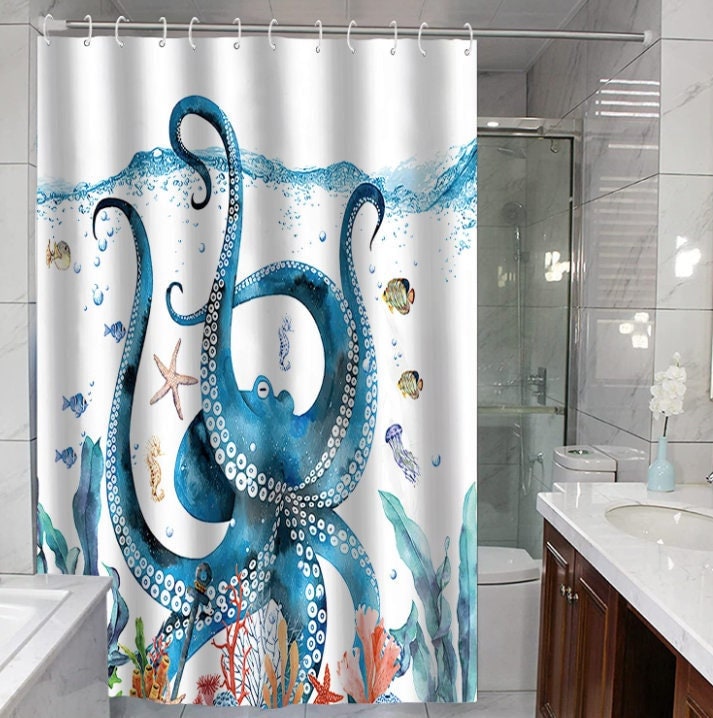 Blue Octopus Shower Curtain, Underwater World Waterproof Fabric Shower Curtain For Bathroom Decor, Animal Fish Starfish