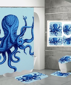 Blue Octopus Shower Curtain - Waterproof Fabric Bathroom Curtain for Ocean Theme
