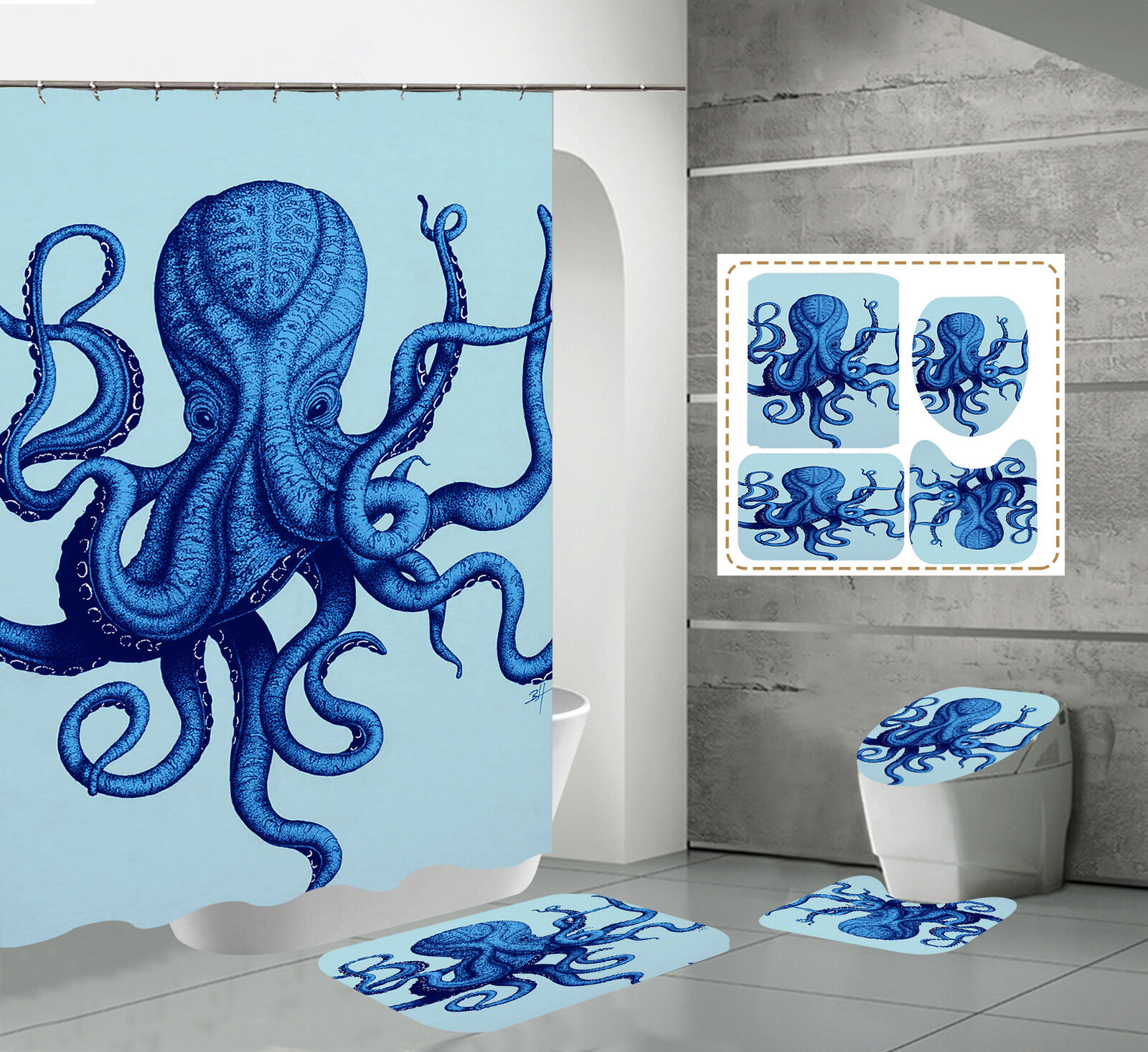 Blue Octopus Shower Curtain - Waterproof Fabric Bathroom Curtain for Ocean Theme
