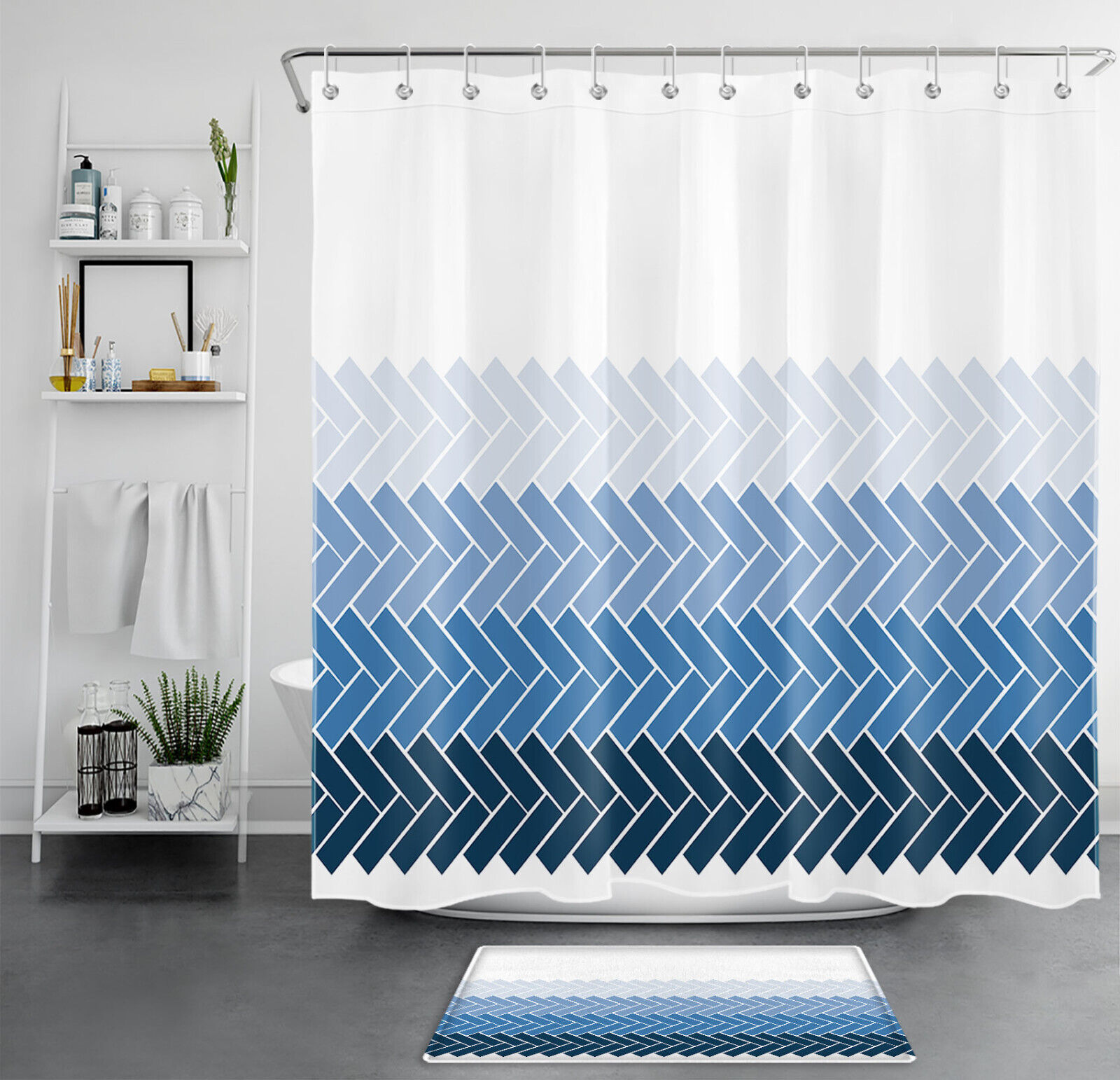 Blue Ombre Geometric Pattern Modern Art Shower Curtain, Bathroom Accessories