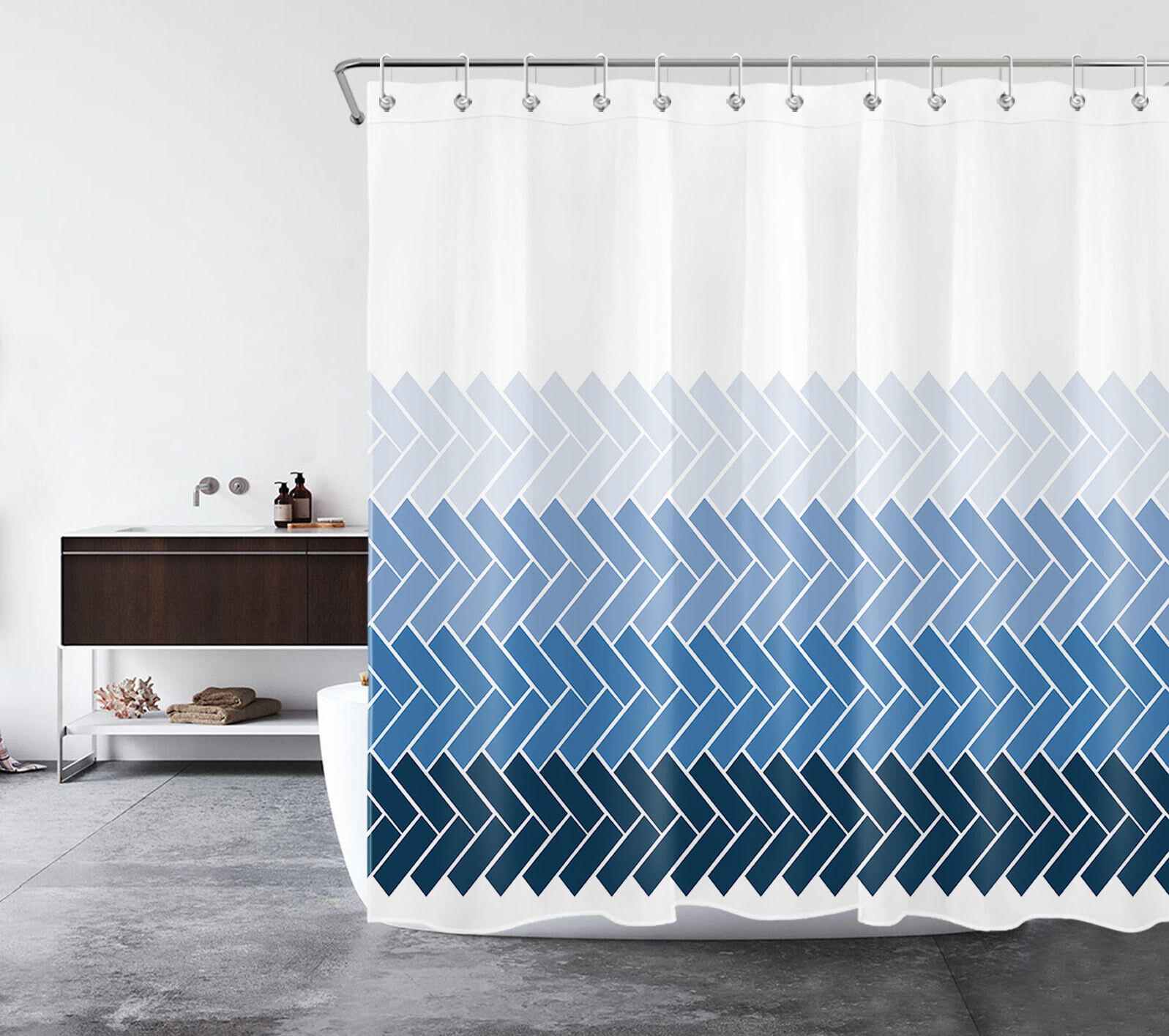 Blue Ombre Geometric Pattern Modern Art Shower Curtain, Bathroom Accessories - Image 2