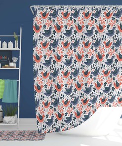 Blue Orange Garden Bird Shower Curtain With Pattern Fabric For Home Bathroom Decor