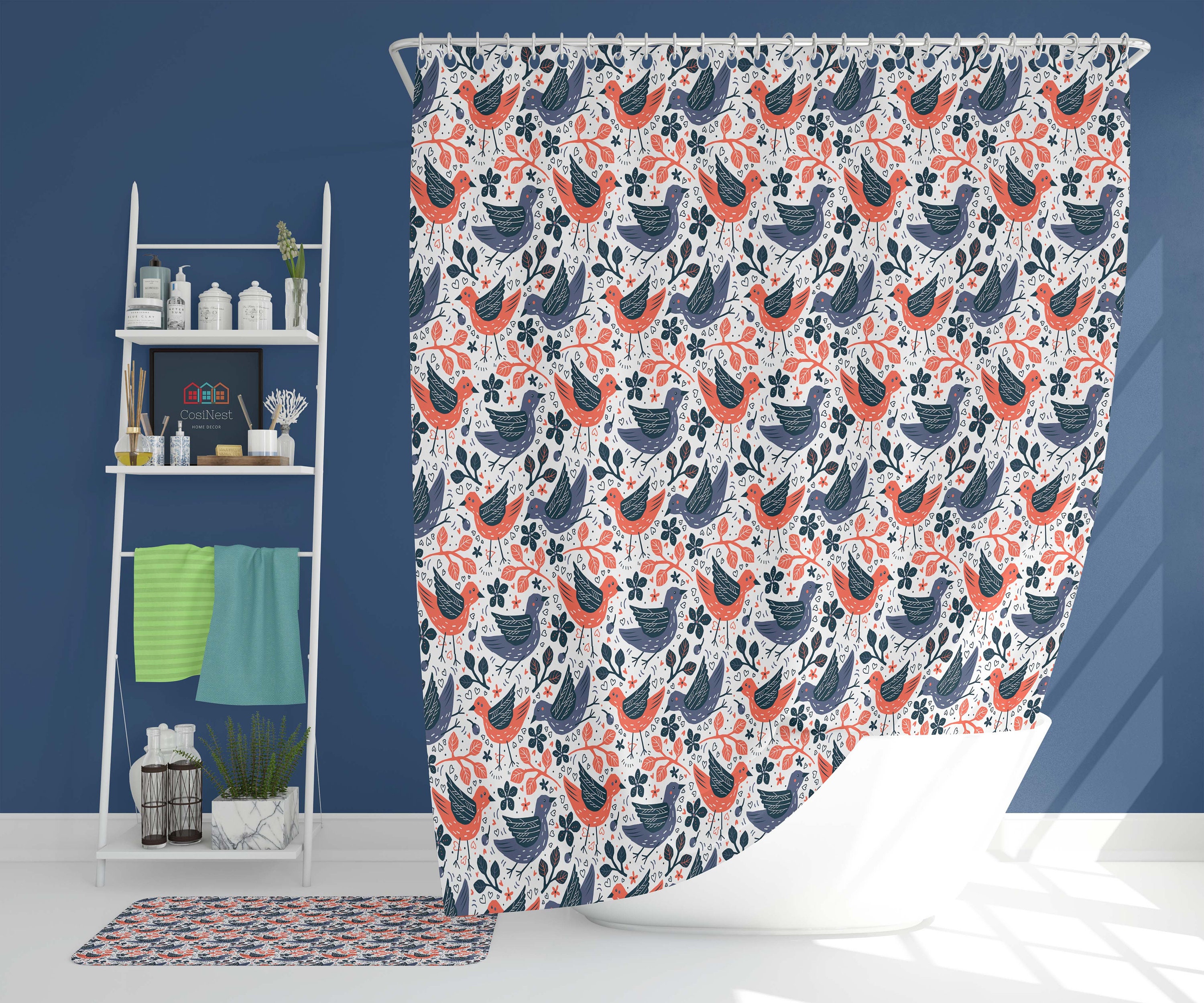 Blue Orange Garden Bird Shower Curtain With Pattern Fabric For Home Bathroom Decor