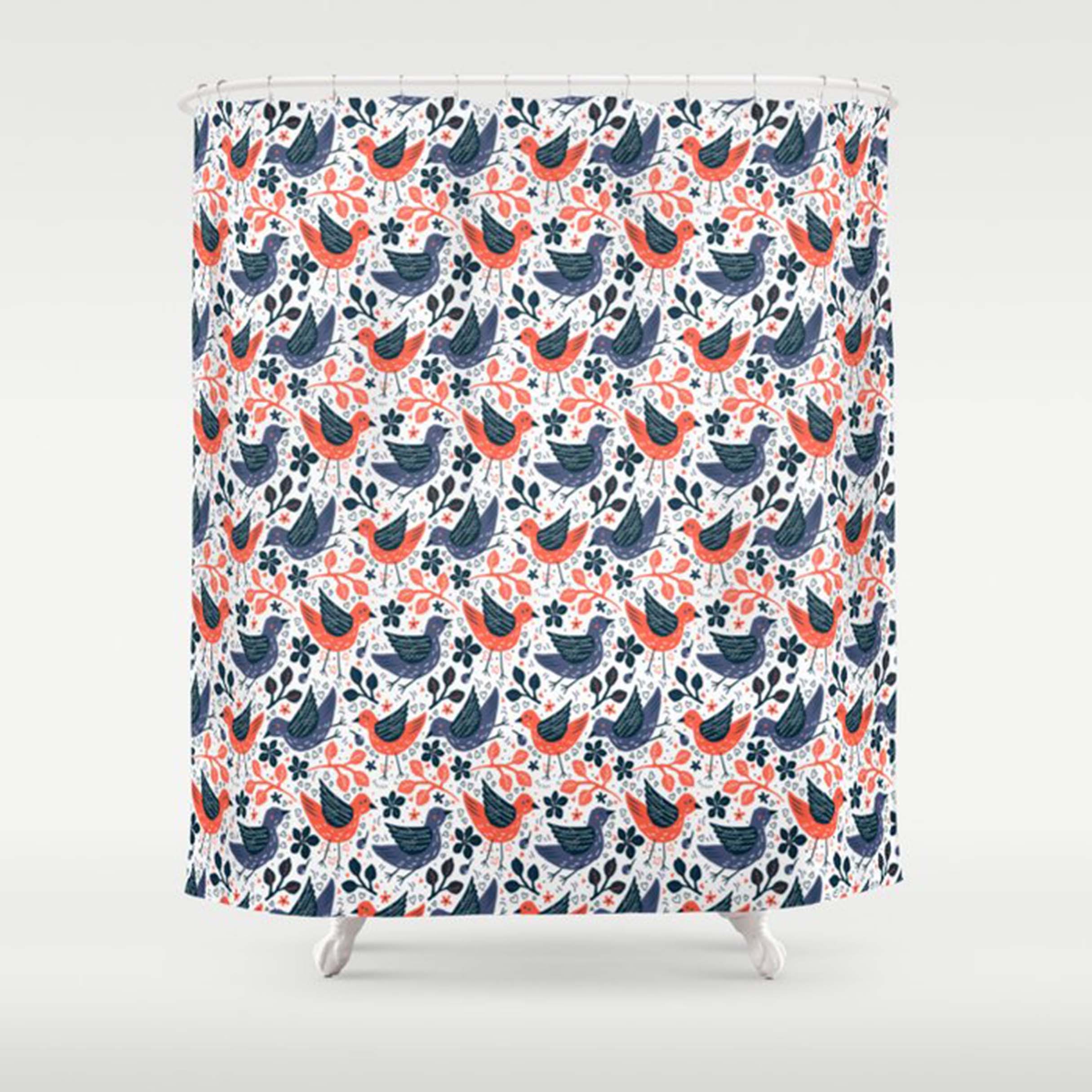 Blue Orange Garden Bird Shower Curtain With Pattern Fabric For Home Bathroom Decor - Image 2