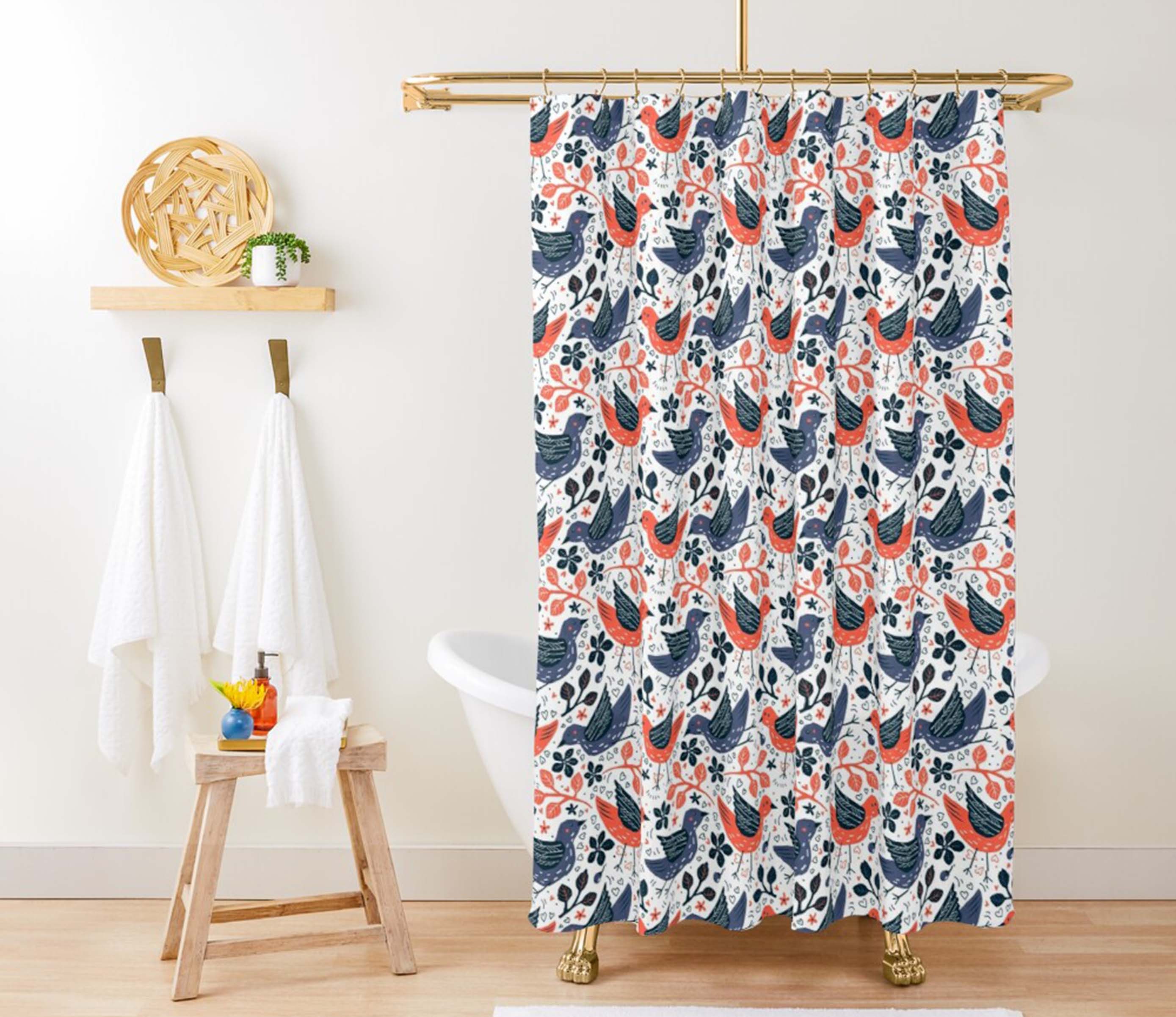 Blue Orange Garden Bird Shower Curtain With Pattern Fabric For Home Bathroom Decor - Image 3