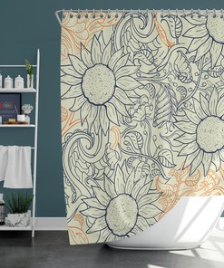 Blue Orange Sunflower Botanical Floral Shower Curtain, Summer Flowers, Fabric Bathroom Curtain, Home Bath Decor